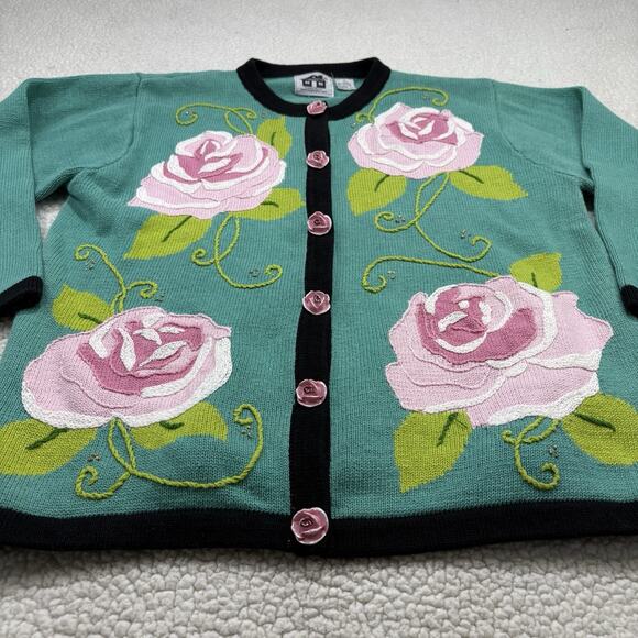 Vtg Storybook Knits 3D Floral Roses Cardigan Sweater Size 1X Cottage Granny Core - Picture 3 of 6